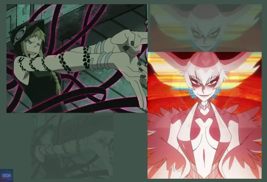 Comparação lado a lado das mães vilãs dos animes Ragyo Kiryuin de Kill la Kill e Medusa Gorgon de Soul Eater, em um debate sobre qual foi a pior mãe.