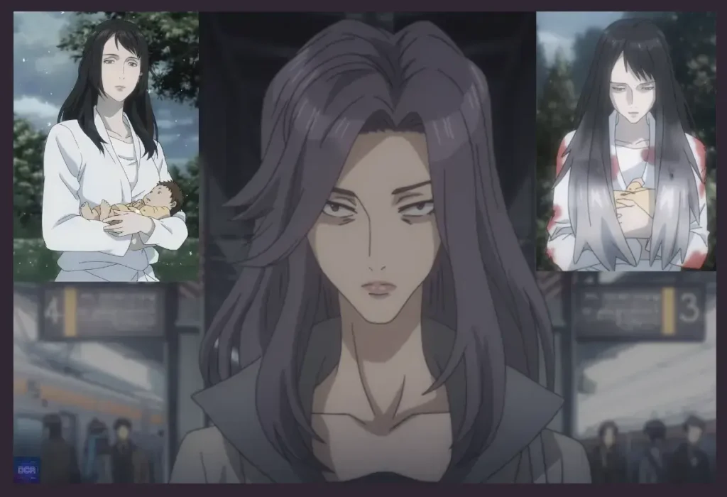 Montagem de Reiko Tamura de Parasyte, mostrando sua transição de parasita vilã para mãe trágica, representando o lado sombrio e complexo da maternidade nos animes.