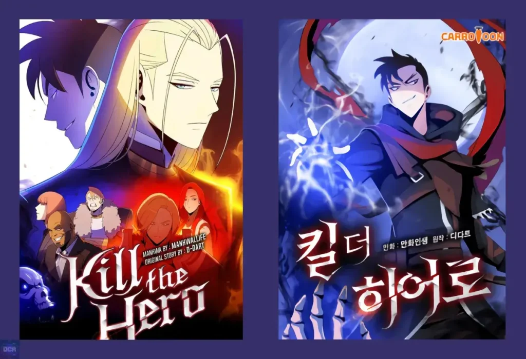 Artes do manhwa Kill the Hero, uma fantasia sombria que subverte o arquétipo do 'escolhido', explorando de forma cínica como a propaganda pode transformar um tirano em um herói amado.