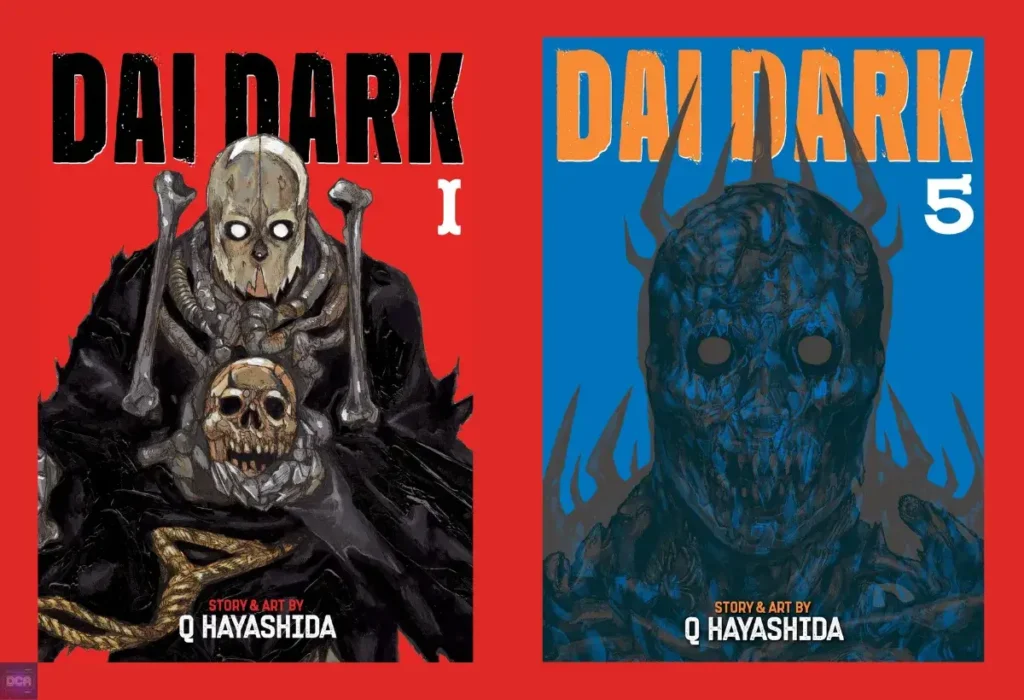 Capas do mangá Dai Dark de Q Hayashida, uma fantasia sombria que mistura terror cósmico com o caos, o humor negro e uma estética 'punk de porão', provando que a escuridão pode ser divertida.