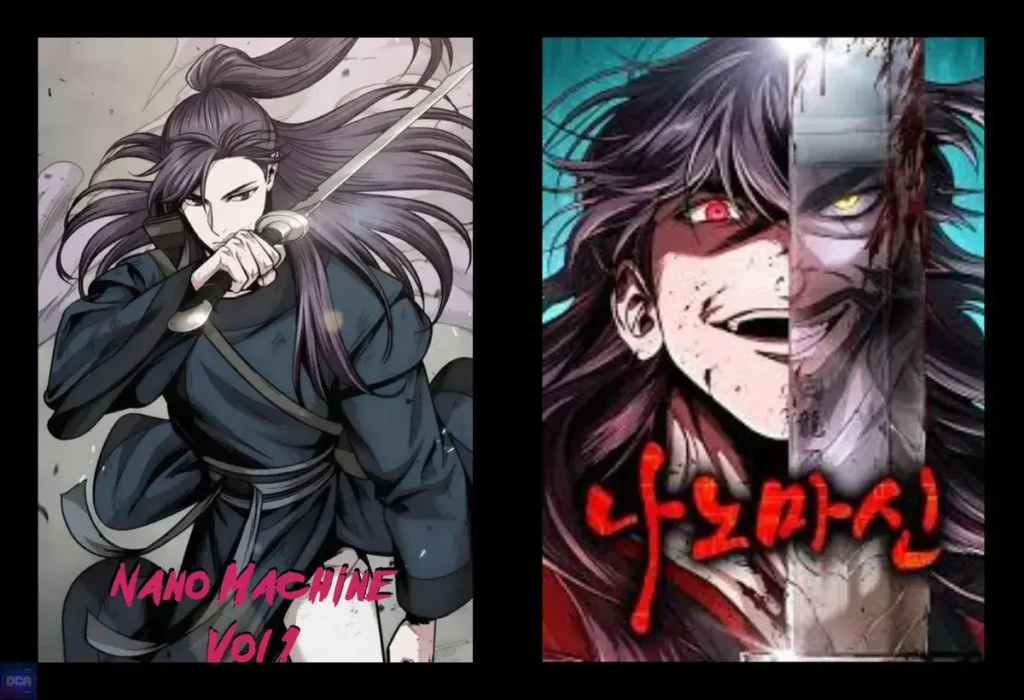 Artes do manhwa Nano Machine, uma fantasia sombria que funde o gênero Wuxia com o transumanismo, questionando se a força do protagonista Cheon Yeo-Woon ainda é humana.