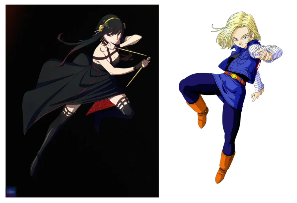Comparação lado a lado de Yor Forger de Spy x Family e Androide 18 de Dragon Ball, representando a força inata e a força por escolha das personagens mães dos animes.