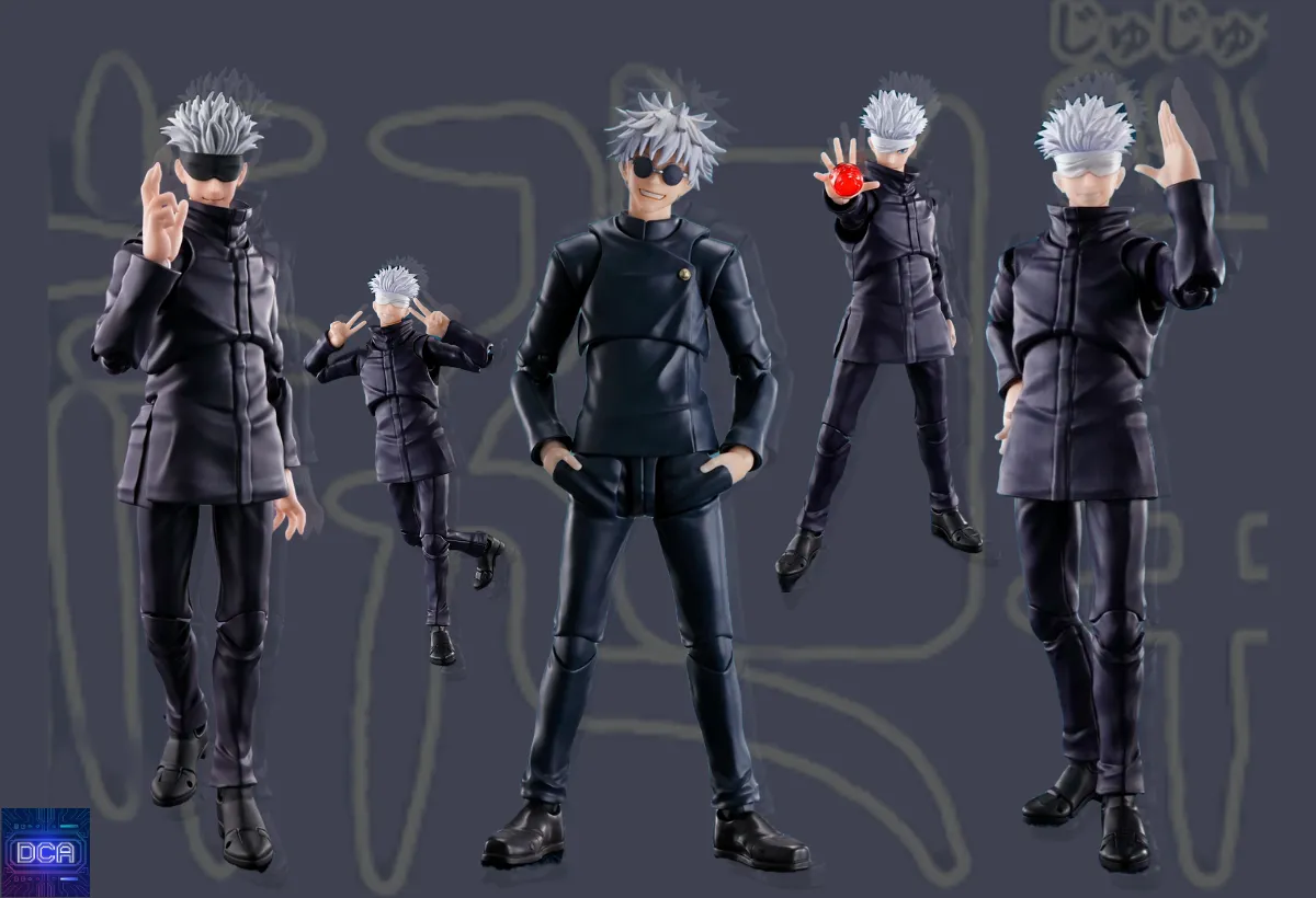 Montagem da action figure S.H.Figuarts Satoru Gojo em várias poses, ilustrando a análise profunda sobre a articulação, acessórios e se a peça da Bandai vale o investimento.