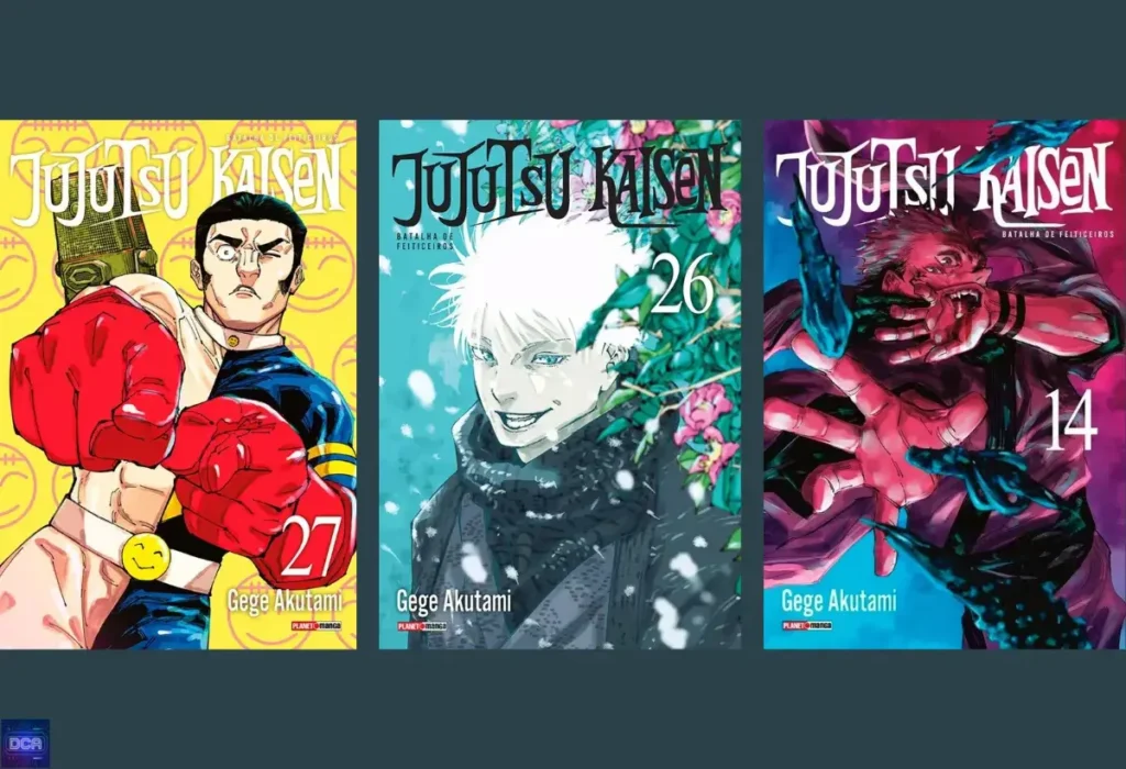 Montagem de capas do mangá Jujutsu Kaisen da Panini, ilustrando a análise detalhada da qualidade da edição brasileira, incluindo design, tradução e custo-benefício para colecionadores.