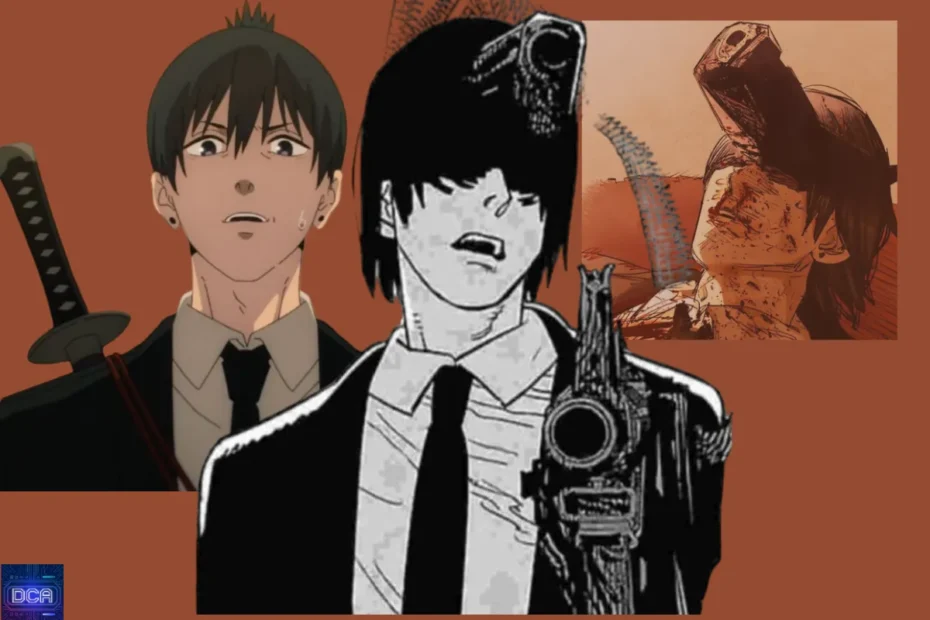 Montagem ilustrando a transformação de Aki Hayakawa no Infernal da Arma (Gun Fiend) em Chainsaw Man, tema da análise sobre sua trágica morte.