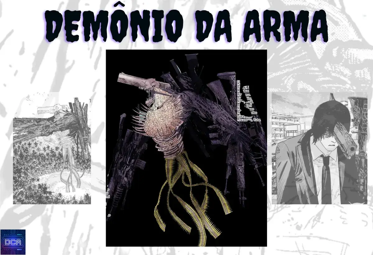 Montagem com imagens do **Demônio da Arma** (Gun Devil) e Aki Hayakawa, ilustrando a análise definitiva do terror e do trauma em Chainsaw Man.