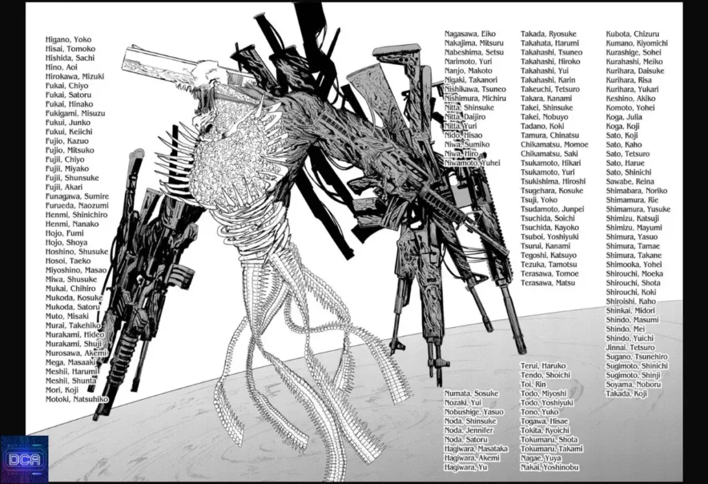 Painel do mangá do ataque do Demônio da Arma em Chainsaw Man, com a lista de vítimas, ilustrando a análise do Incidente de 13 Segundos e do trauma global.