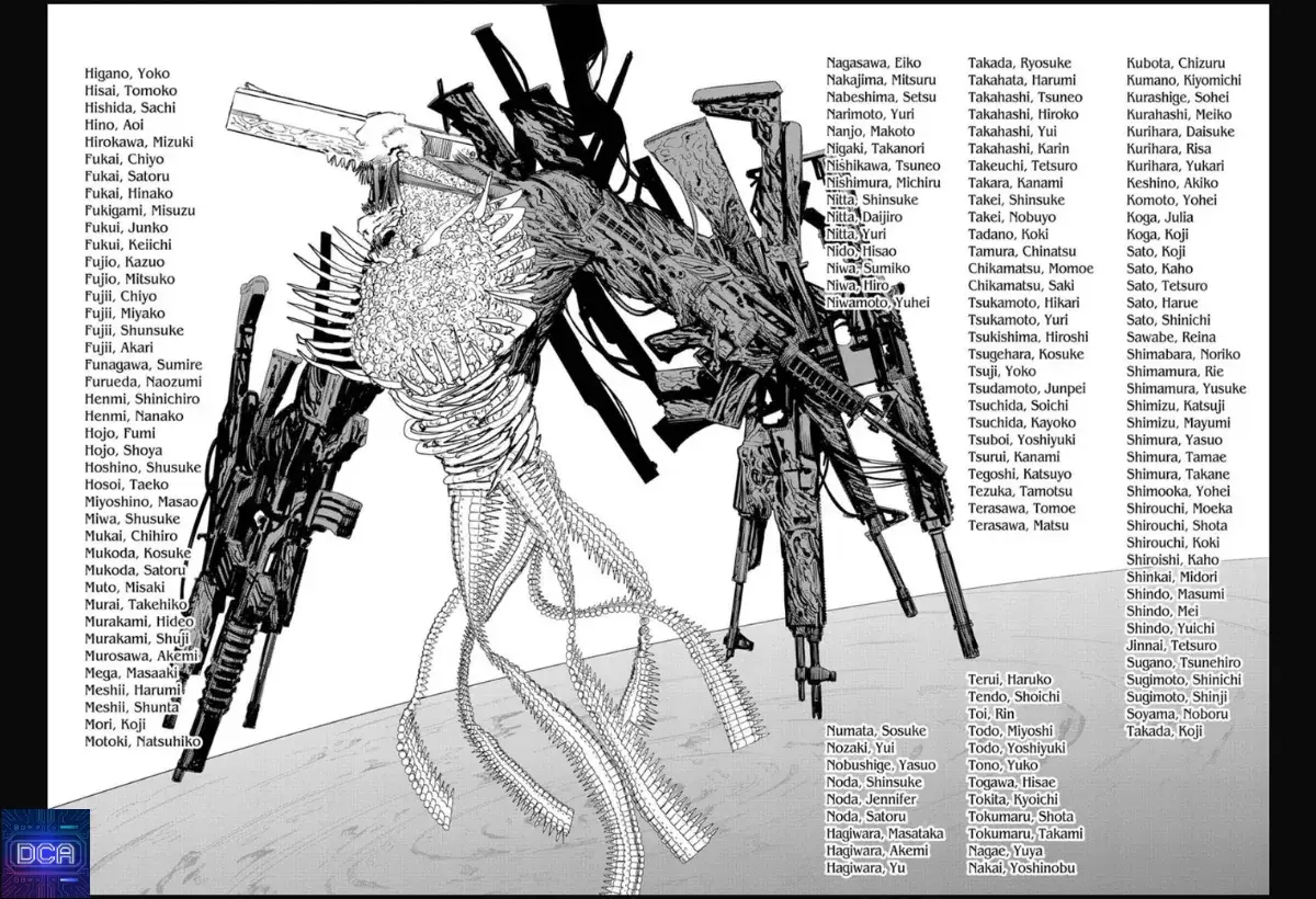 Painel do mangá do ataque do Demônio da Arma em Chainsaw Man, com a lista de vítimas, ilustrando a análise do Incidente de 13 Segundos e do trauma global.