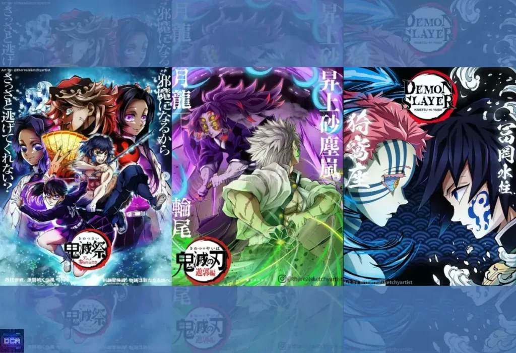 Montagem com as Luas Superiores Kokushibo, Douma e Akaza, que representam a escala do Arco do Castelo Infinito, a primeira e mais densa parte canônica da Saga Final de Demon Slayer.