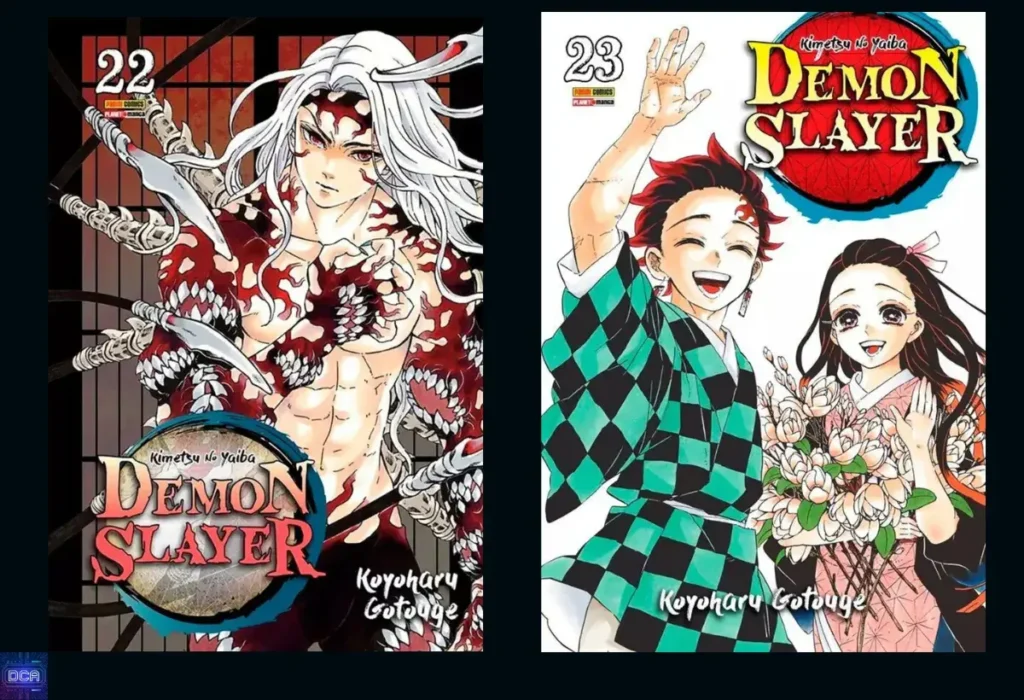 Comparação das capas dos volumes 22 e 23 de Demon Slayer, ilustrando a divisão da saga final entre o clímax de horror do Arco da Contagem Regressiva e o emocionante epílogo da história.