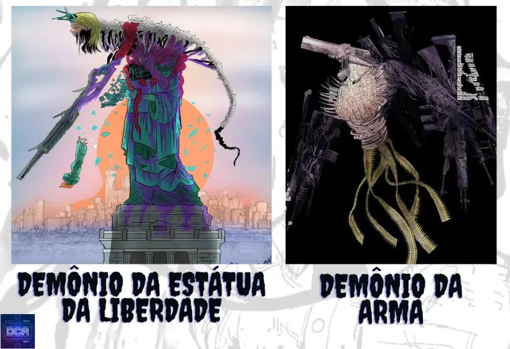 Comparação visual entre o **Demônio da Estátua da Liberdade Chainsaw Man** e o Demônio da Arma (Gun Devil), ilustrando os detalhes ocultos sobre suas diferenças e a origem do novo demônio como uma criação de Yoru.