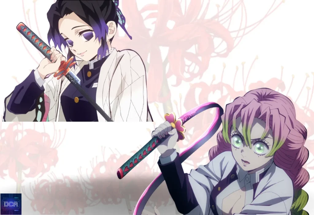 Montagem com Shinobu Kocho (lâmina lavanda) e Mitsuri Kanroji (lâmina rosa), ilustrando como a cor da Lâmina Nichirin é única para cada caçador e reflete seu Estilo de Respiração pessoal.