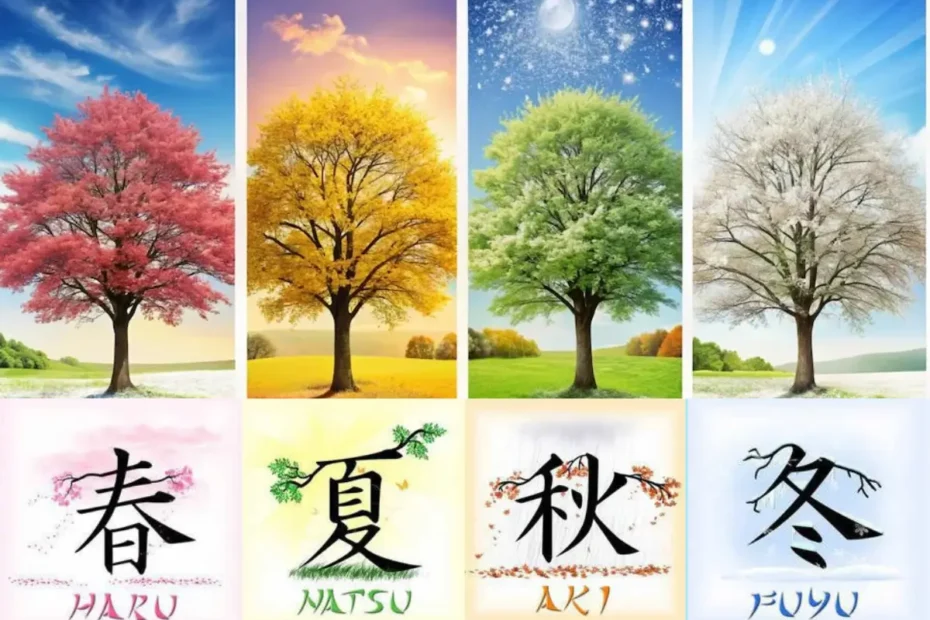 Infográfico com quatro árvores representando as estações do ano (Primavera, Verão, Outono, Inverno) e seus nomes em japonês, explicando visualmente o que são os cours de animes e como eles ditam o calendário de lançamentos no Japão.