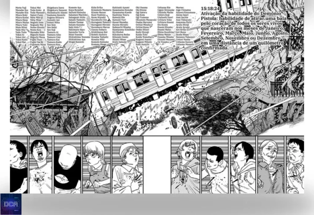 Montagem de painéis do mangá mostrando a descrição dos poderes e as vítimas do ataque do Demônio da Arma, ilustrando a crueldade calculada e o terror psicológico por trás da especificidade do massacre em Chainsaw Man.