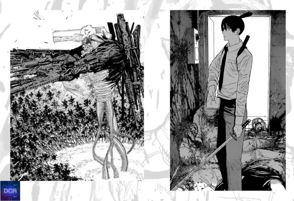 Demônio da Arma: A Análise Definitiva do Terror em Chainsaw Man 2 Montagem comparando o **Demônio da Arma** (Gun Devil) com Aki Hayakawa, ilustrando a análise de que ele não é um vilão, mas uma força da natureza nascida do trauma coletivo em Chainsaw Man.