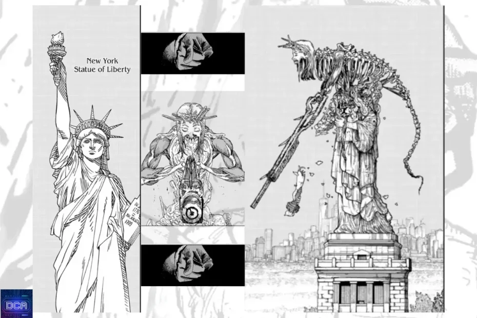 Montagem com painéis do mangá mostrando a transformação no **Demônio da Estátua da Liberdade Chainsaw Man**, ilustrando o segredo de Yoru e a análise do capítulo 178.