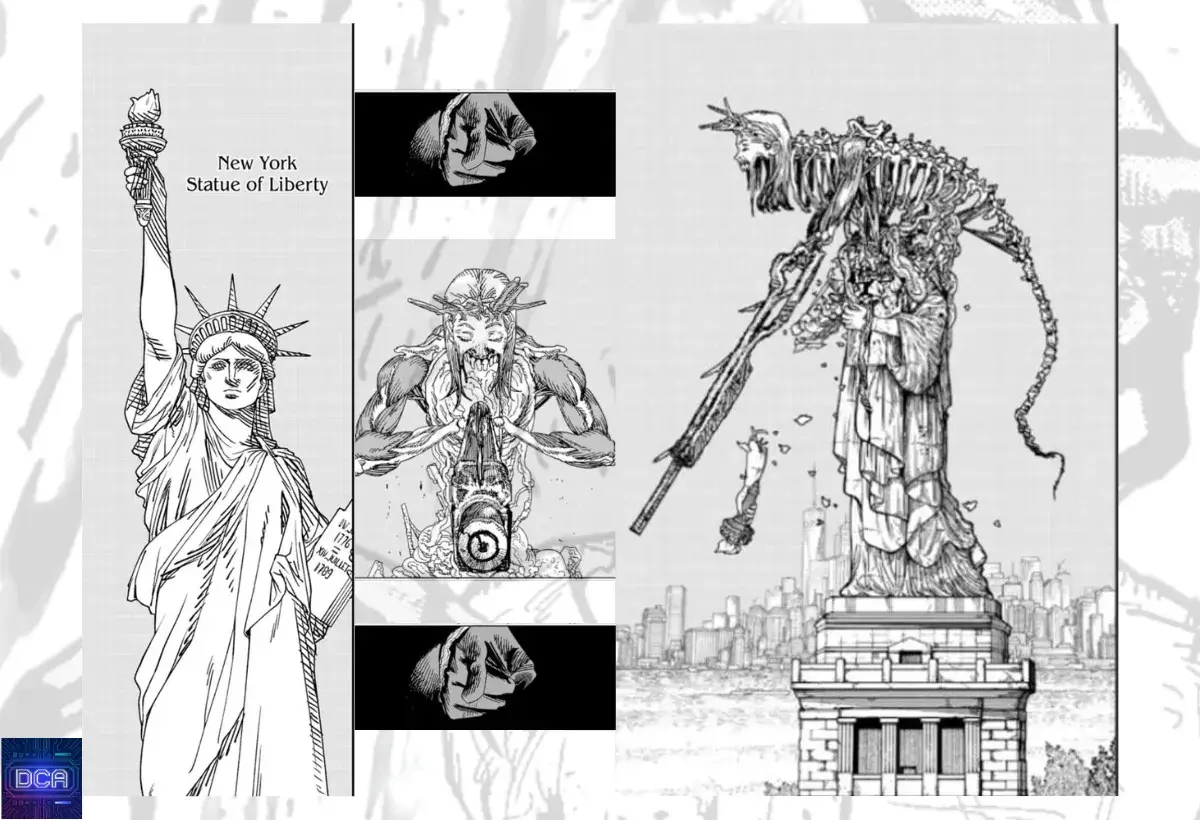 Montagem com painéis do mangá mostrando a transformação no **Demônio da Estátua da Liberdade Chainsaw Man**, ilustrando o segredo de Yoru e a análise do capítulo 178.