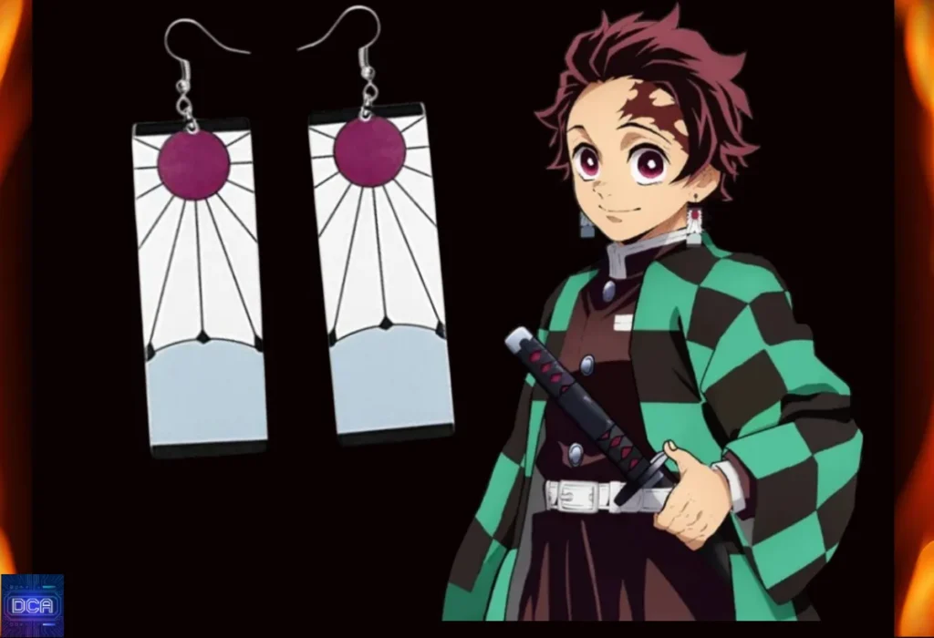 Montagem com um close-up dos Brincos Hanafuda e Tanjiro, ilustrando o design único que representa a Respiração do Sol e é um detalhe oculto crucial na história de Demon Slayer.