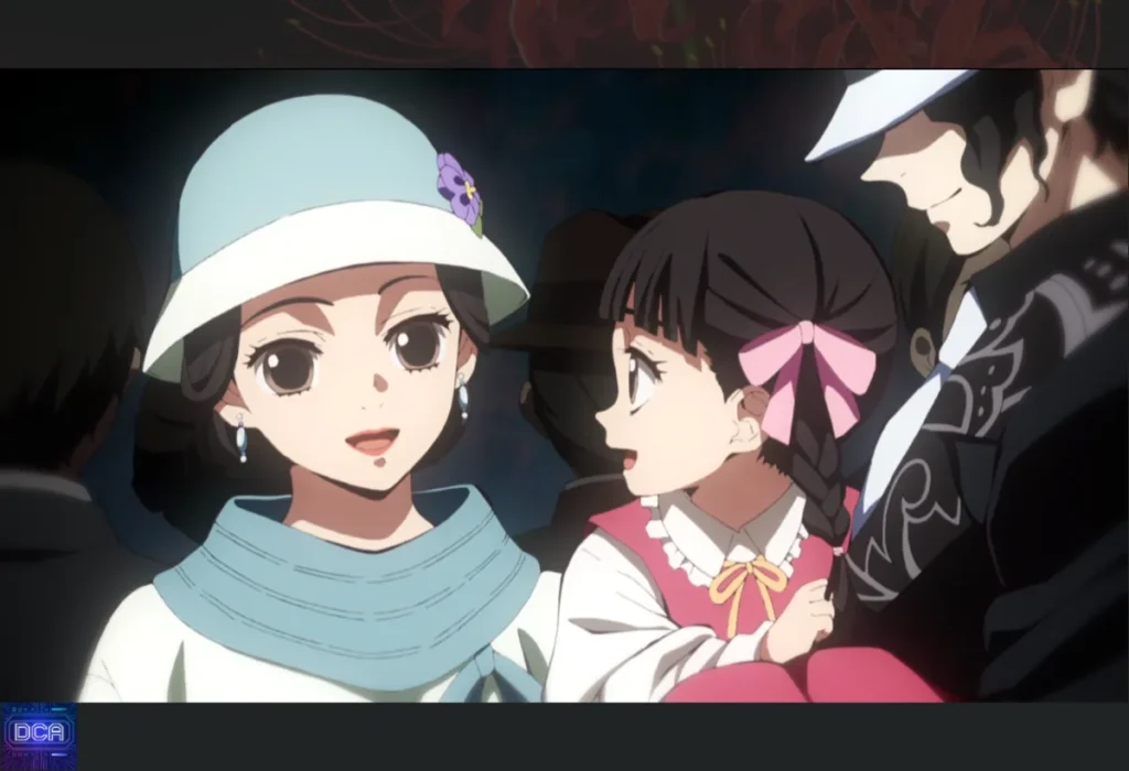 Close-up na esposa e filha da família humana de Muzan, ilustrando a psicologia narcisista do vilão que as via como adereços descartáveis e o detalhe oculto sobre seu provável destino trágico.