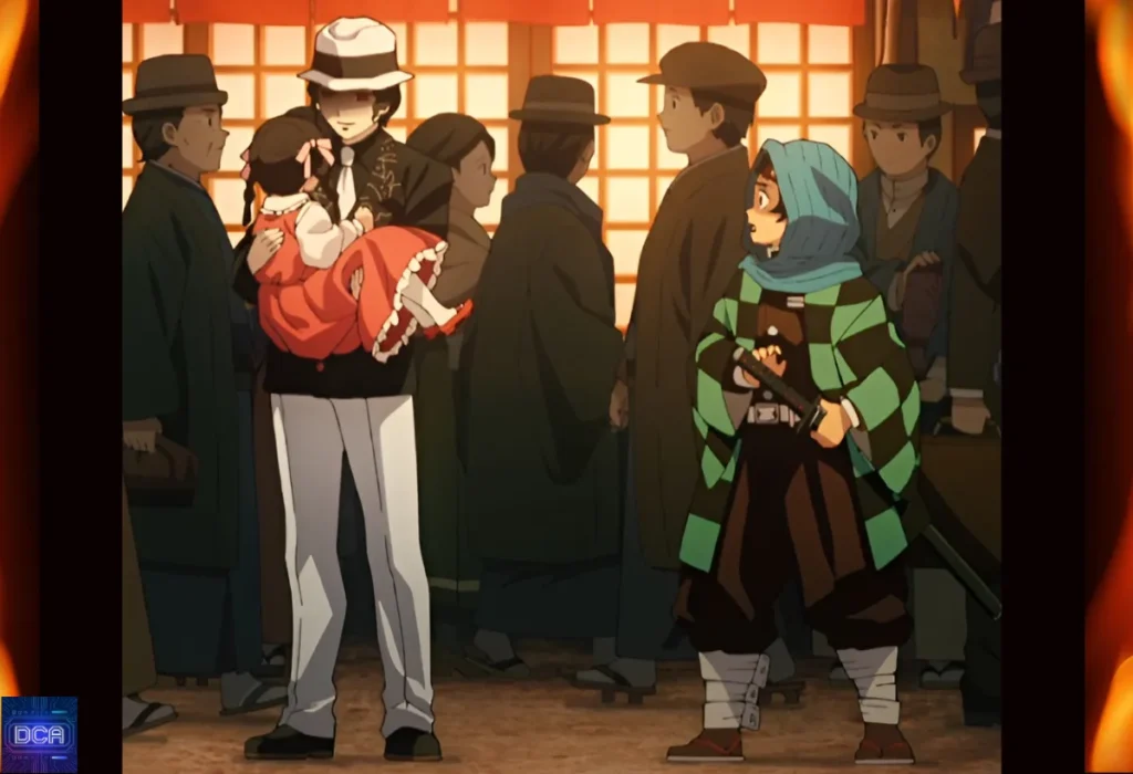 Cena do encontro entre Tanjiro e Muzan em Asakusa, onde o Rei dos Demônios revela sua vida dupla ao se apresentar com sua família humana como o disfarce perfeito.