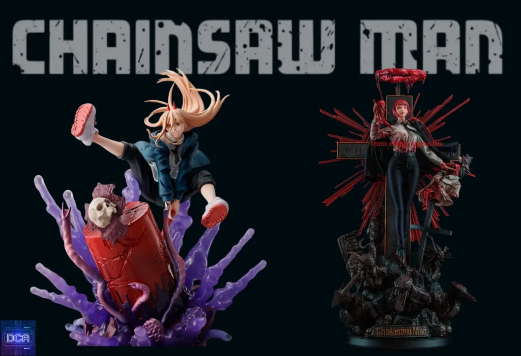 Montagem com **Estátuas Chainsaw Man** de resina pura (não-oficiais) de Power e Makima, ilustrando o risco colossal e o detalhe insano dessas peças gigantescas no guia do colecionador.