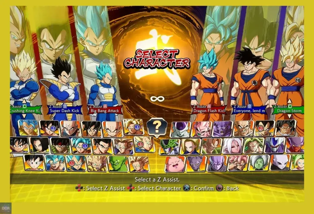 A tela de seleção de personagens de Dragon Ball FighterZ, apresentado como o padrão-ouro e o exemplo perfeito de boa adaptação de anime para game por traduzir a alma da obra em suas mecânicas.