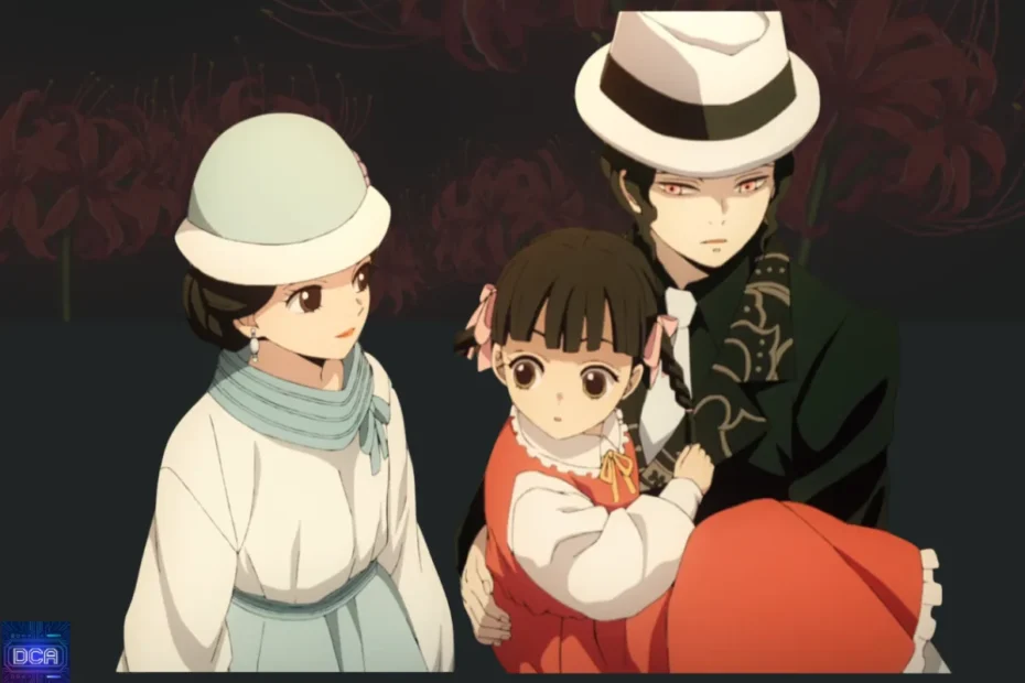 Muzan Kibutsuji disfarçado como o humano Tsukihiko ao lado de sua família humana, a esposa e filha, ilustrando o segredo de sua vida dupla em Demon Slayer.