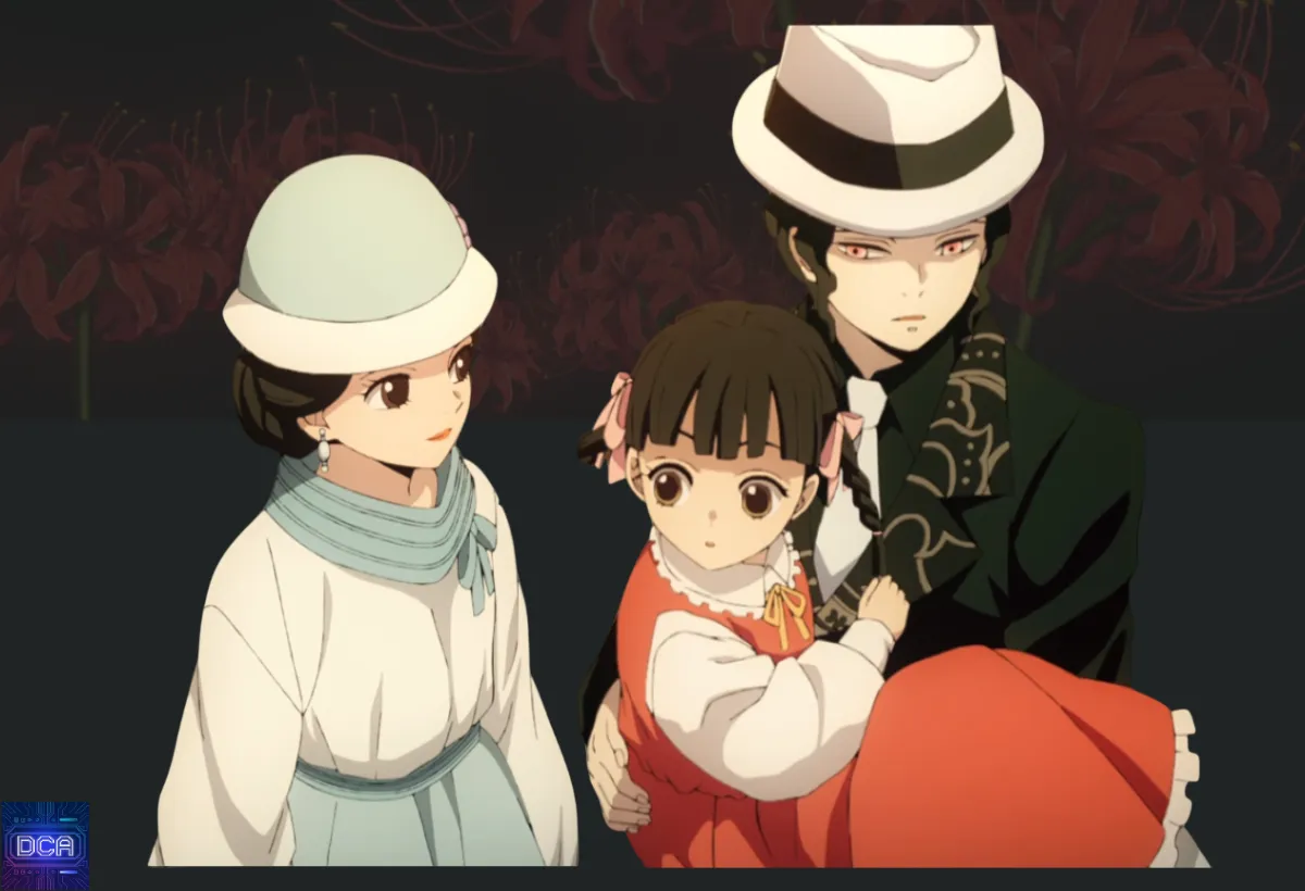 Muzan Kibutsuji disfarçado como o humano Tsukihiko ao lado de sua família humana, a esposa e filha, ilustrando o segredo de sua vida dupla em Demon Slayer.