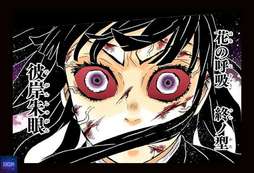 Close-up no olho de Kanao Tsuyuri ativando a Forma Final: Olho Equinocial Vermillion, a técnica de sacrifício da Respiração da Flor que concede visão sobre-humana ao custo da própria visão.