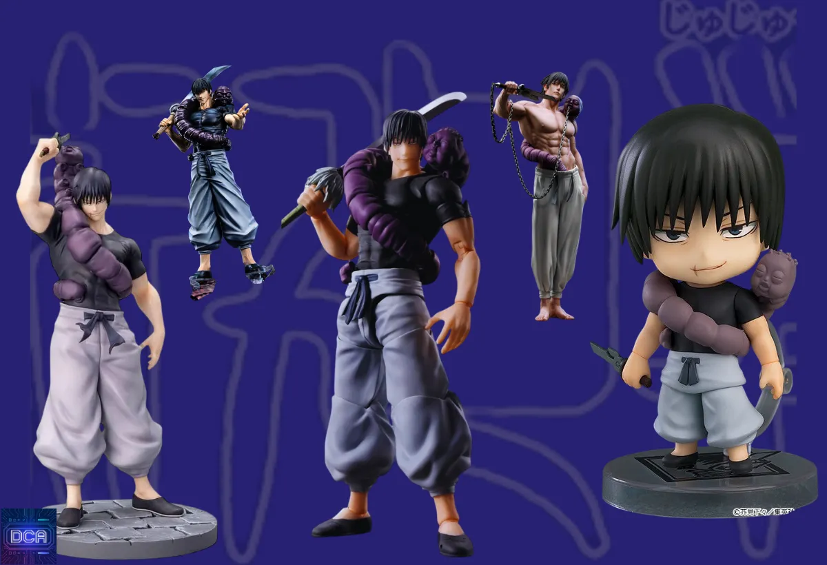 Montagem com os melhores colecionáveis de Toji Fushiguro, incluindo S.H.Figuarts, estátuas e Nendoroid, ilustrando o guia completo para fãs da série Jujutsu Kaisen.