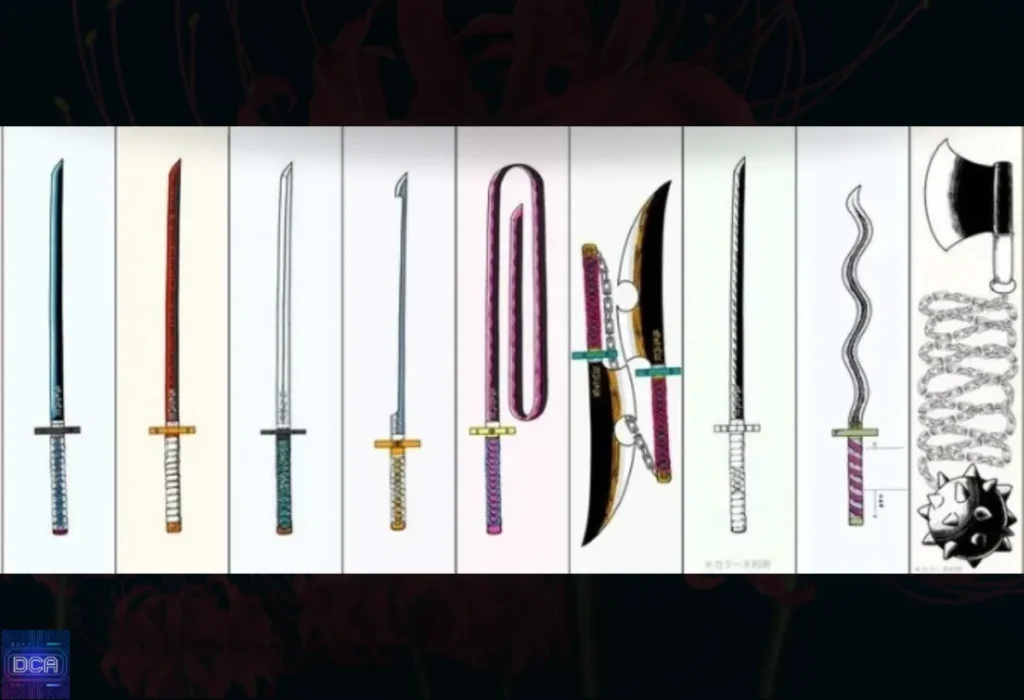 Guia visual com as diferentes cores das espadas de Demon Slayer, ilustrando o significado de cada cor da Lâmina Nichirin, como o preto da Respiração do Sol e o vermelho da Respiração das Chamas.