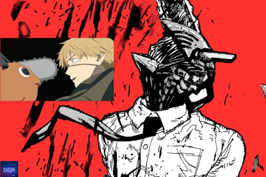 Montagem contrastando Denji com Pochita e sua forma brutal como Chainsaw Man, ilustrando o guia definitivo que analisa a história, personagens e temas da obra de Tatsuki Fujimoto.