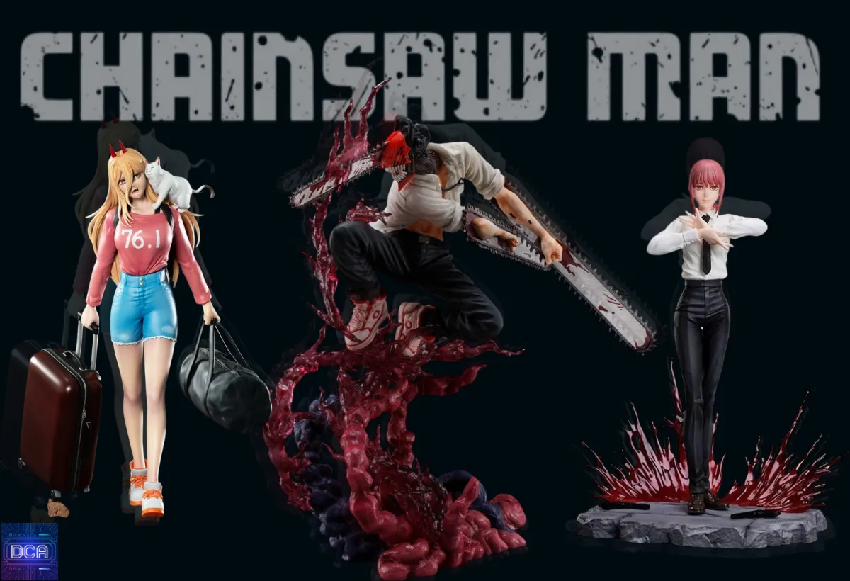 Montagem com as melhores **Estátuas Chainsaw Man** de Denji, Power e Makima, ilustrando o guia definitivo do colecionador sobre peças de PVC, Polystone e Resina.
