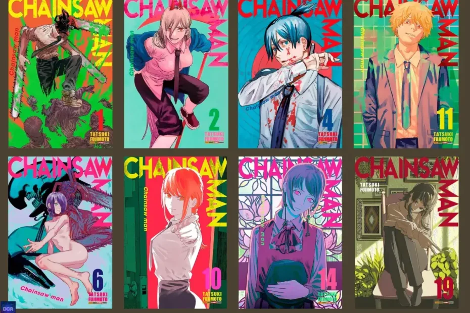 Montagem com várias capas do mangá Chainsaw Man da Panini, ilustrando o guia definitivo para colecionar a obra de Tatsuki Fujimoto no Brasil, analisando a qualidade da edição.