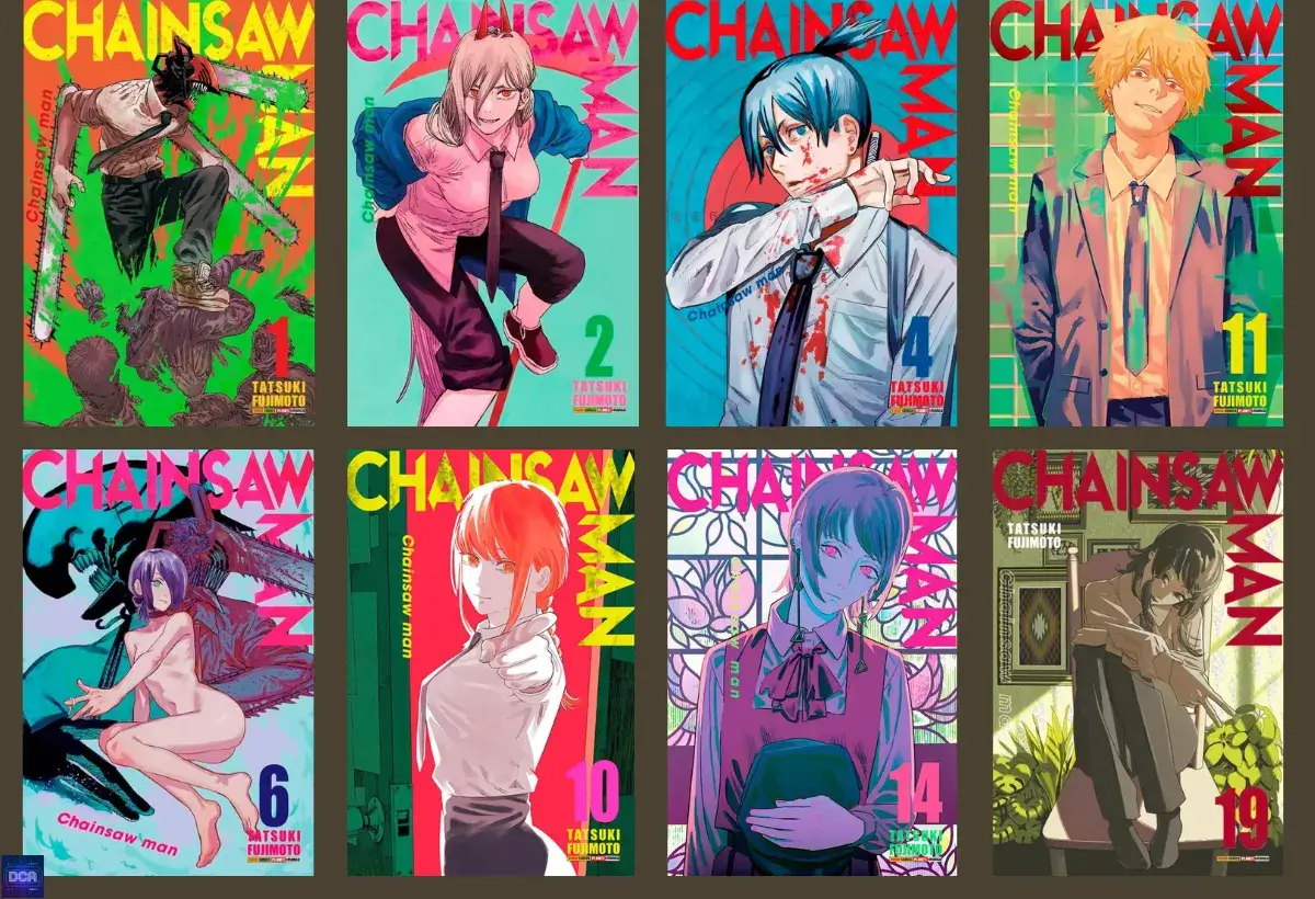 Montagem com várias capas do mangá Chainsaw Man da Panini, ilustrando o guia definitivo para colecionar a obra de Tatsuki Fujimoto no Brasil, analisando a qualidade da edição.