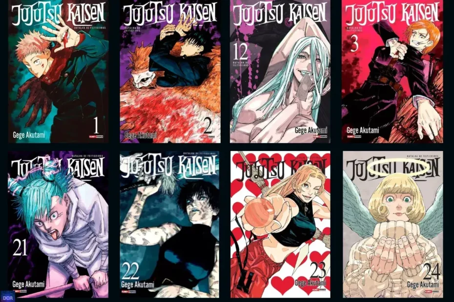 Montagem com várias capas do mangá Jujutsu Kaisen da Panini Brasil, ilustrando o guia definitivo para colecionar a obra de Gege Akutami.