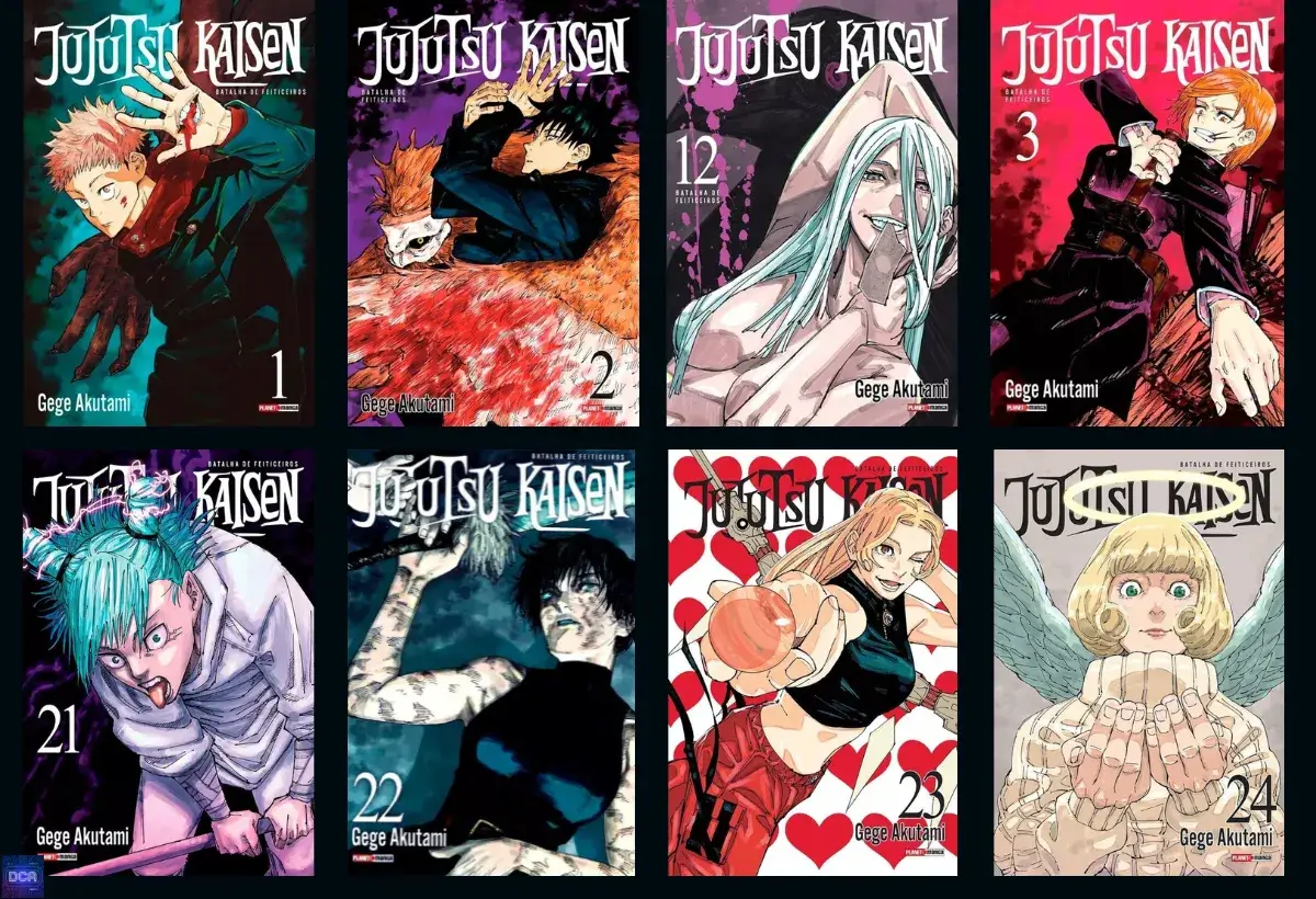 Montagem com várias capas do mangá Jujutsu Kaisen da Panini Brasil, ilustrando o guia definitivo para colecionar a obra de Gege Akutami.