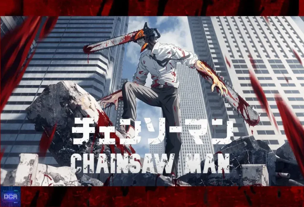 Cena de Chainsaw Man em sua forma híbrida no meio de uma cidade destruída, ilustrando o início da história e a trama principal da obra, a "Era da Segurança Pública".