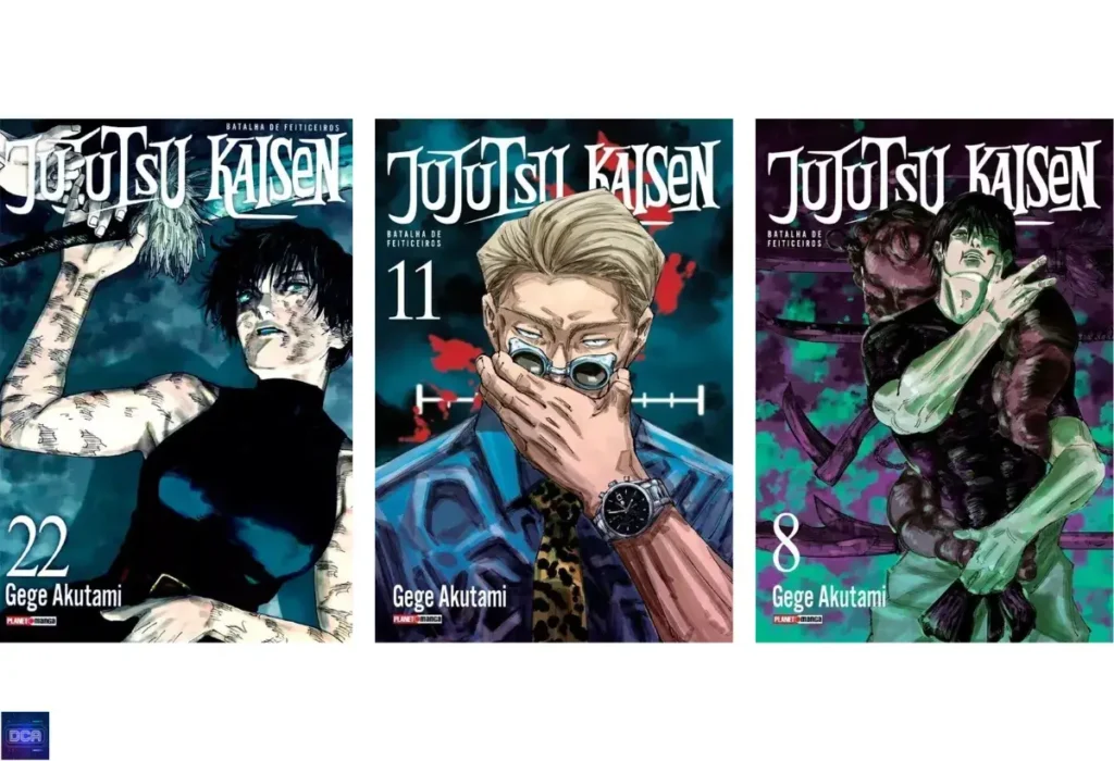 Capas do mangá Jujutsu Kaisen com personagens icônicos, ilustrando a coragem da obra em sua honestidade brutal sobre perda, sacrifício e as vitórias amargas que a definem como uma obra-prima da fantasia sombria.