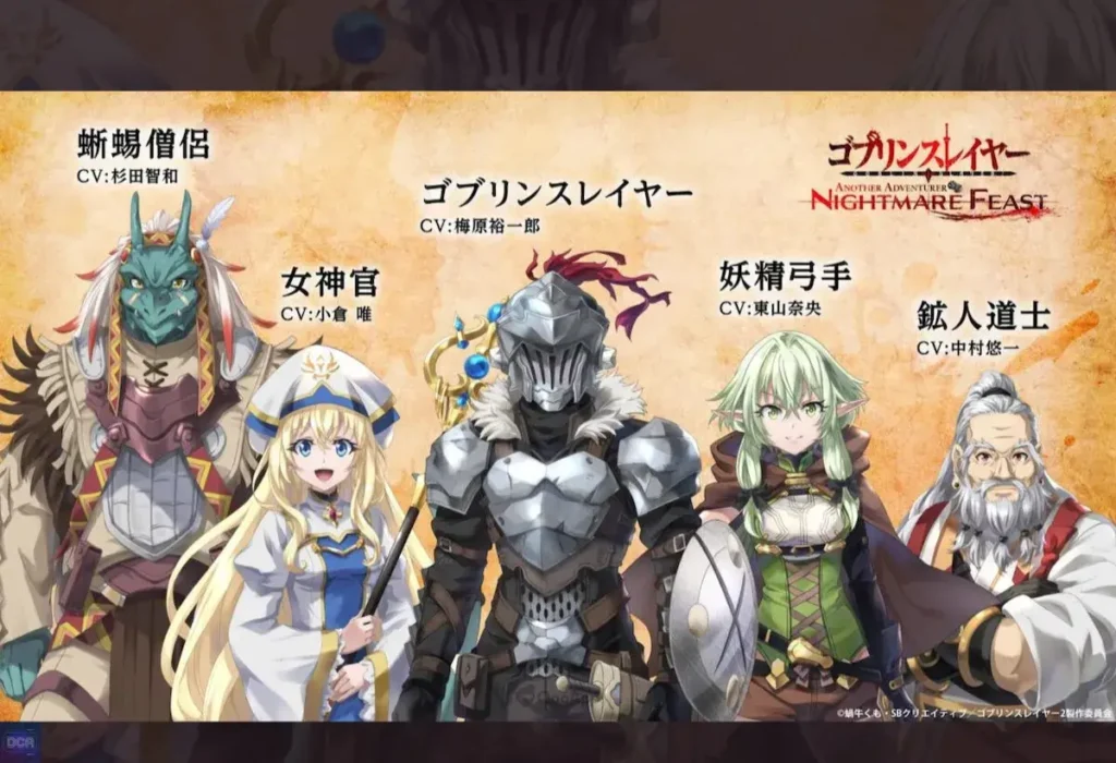 A arte promocional do jogo de Goblin Slayer, um exemplo de como o gênero RPG tático pode higienizar o horror, transformando a violência visceral e a urgência da obra original em um exercício matemático.