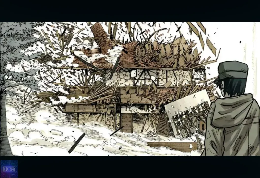 Painel do mangá mostrando o jovem Aki Hayakawa diante de sua casa destruída após o ataque do Demônio da Arma no Japão, ilustrando o impacto pessoal do Incidente de 13 Segundos.