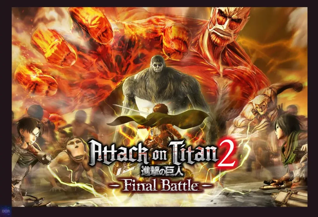 A arte do jogo Attack on Titan 2 Final Battle que, apesar de competente, está na lista dos piores jogos de animes por ser narrativamente atrofiado e incapaz de adaptar os temas complexos de guerra e política dos arcos finais da obra.