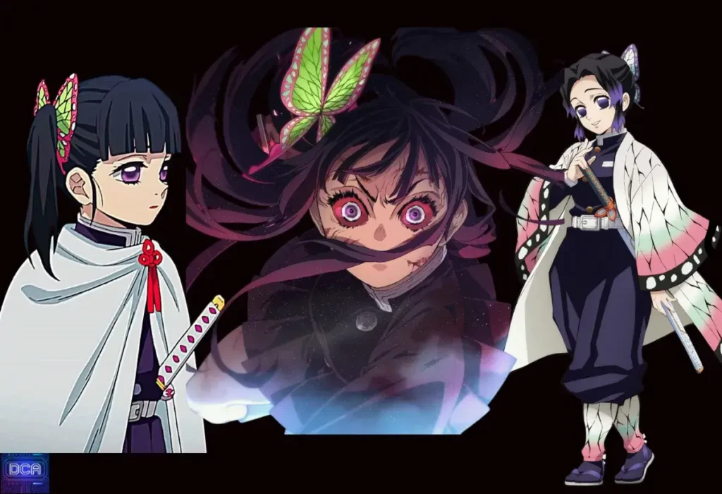 Montagem com Kanao Tsuyuri e suas irmãs adotivas, ilustrando o detalhe oculto de que o poder do olho de Kanao é um legado de Kanae Kocho, uma técnica de sacrifício passada entre as mestras da Respiração da Flor.