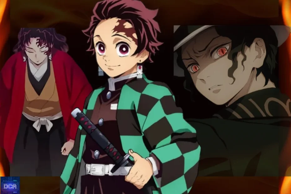 Montagem com Tanjiro Kamado, Yoriichi Tsugikuni e Muzan, ilustrando a história oculta dos Brincos Hanafuda como o legado da Respiração do Sol que aterroriza o Rei dos Demônios.