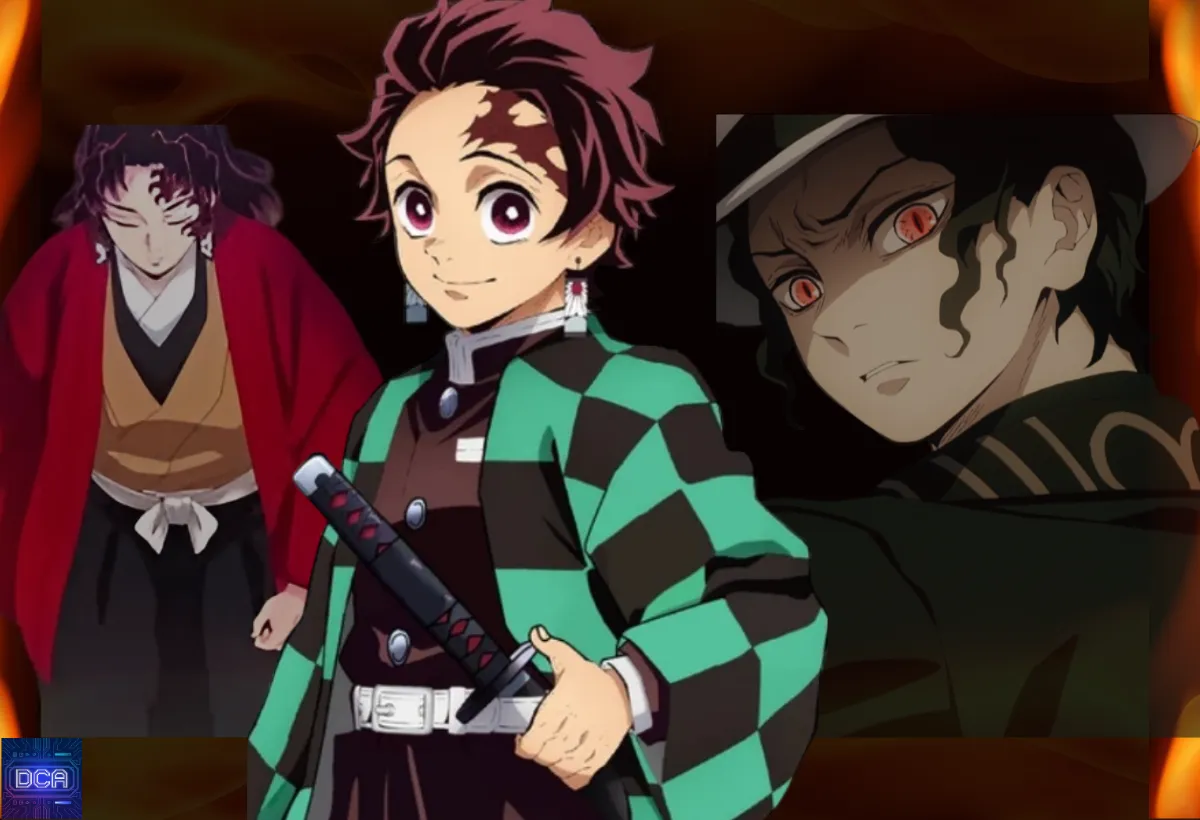 Montagem com Tanjiro Kamado, Yoriichi Tsugikuni e Muzan, ilustrando a história oculta dos Brincos Hanafuda como o legado da Respiração do Sol que aterroriza o Rei dos Demônios.