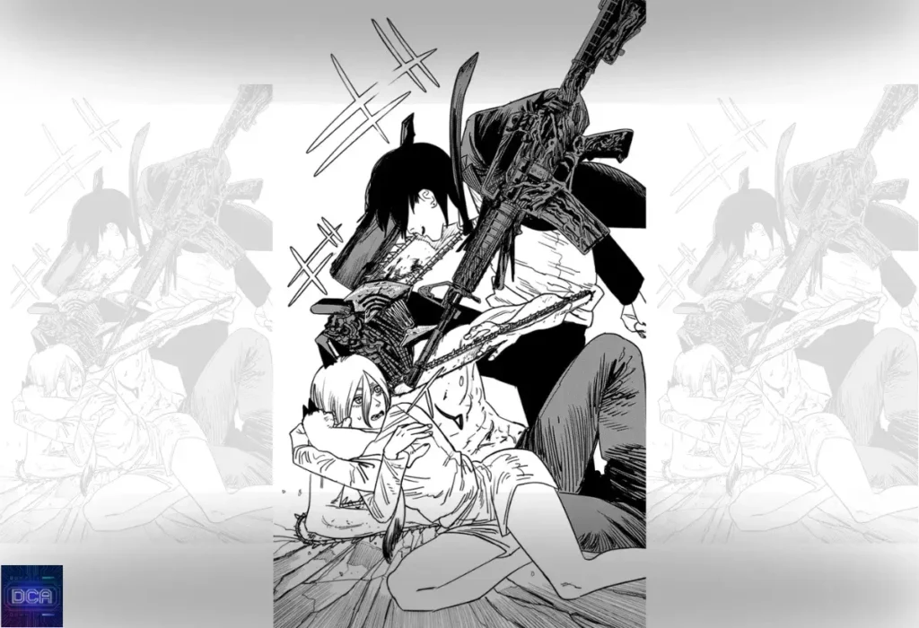 Painel do mangá do confronto final Denji vs Aki (Infernal da Arma), ilustrando a análise sobre a guerra de bola de neve Chainsaw Man como um massacre psicológico e o clímax da transformação de Aki.