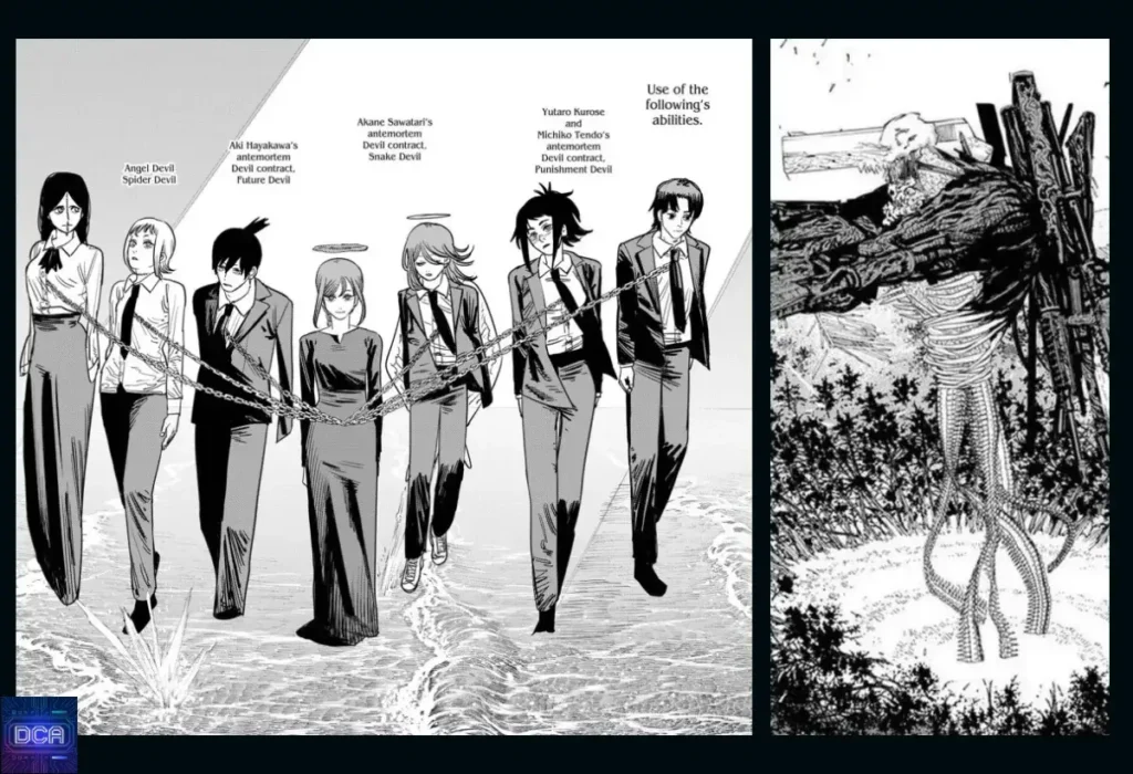 Painéis do mangá com Makima (Demônio do Controle) e o Demônio da Arma, ilustrando a Camada 2 do **plano de Makima**: subjugar e controlar o Gun Devil em vez de destruí-lo.