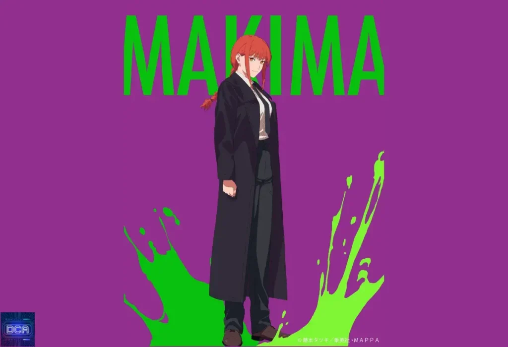 Arte de Makima, com seu nome em destaque, ilustrando a análise da personagem como a encarnação do controle absoluto e uma das melhores antagonistas da ficção moderna em Chainsaw Man.