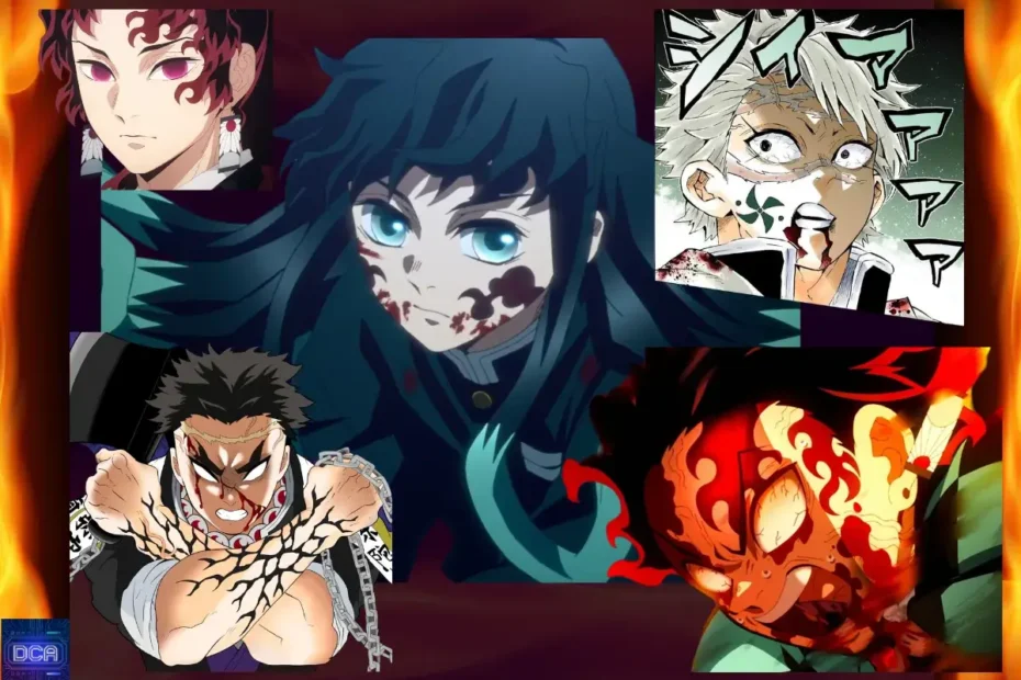 Montagem com os Hashiras que despertaram a Marca do Caçador de Demônios, ilustrando a maldição que os condena a morrer aos 25 anos em troca de poder sobre-humano.