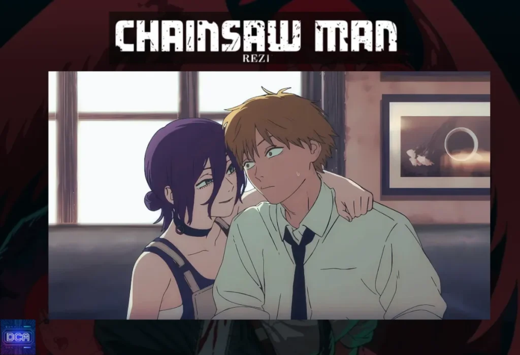 Cena íntima entre Denji e Reze, ilustrando a tese sobre como Chainsaw Man – O Filme: Arco da Reze desconstrói o clichê da 'garota dos sonhos', usando sua performance romântica como uma arma de manipulação.